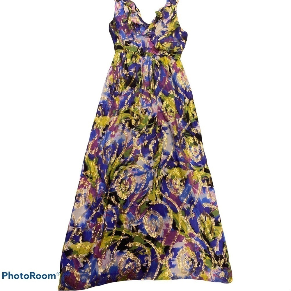 Oleg Cassini vintage metallic abstract printed sleeveless empire Silk dress